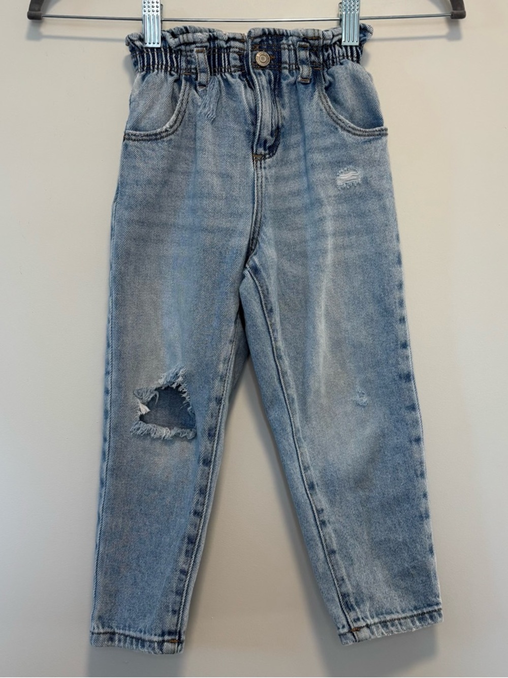 Zara Paperbag Waist Blue Distressed Denim Jeans Girl Size 4-5